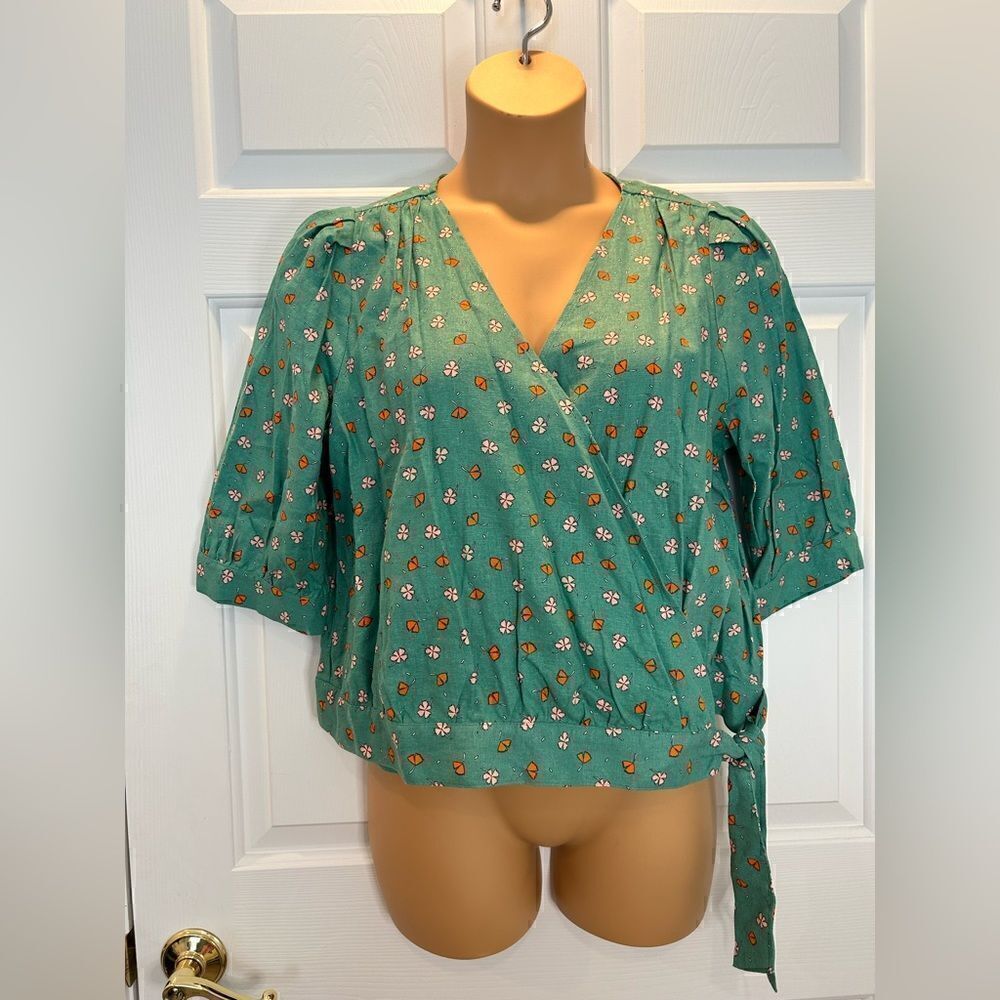 A.N.A Blouse Women's Large Green Floral Print Boho Peasant Linen Blend Top